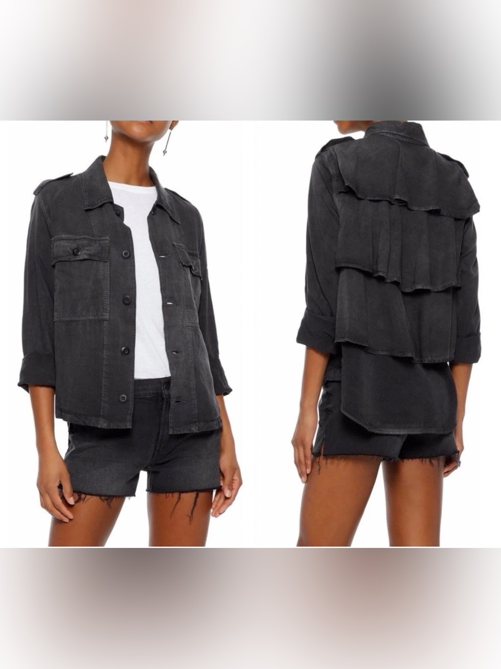 AMO Denim Ruffle Army Surplus Shirt Jacket Shacket in Washed Black Size M B08